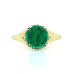 18K Yellow Gold Round Emerald Diamond Halo Ring