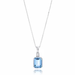 14K White Gold Emerald Cut Blue Topaz Necklace