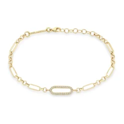 14K Yellow Gold Paperclip And Rolo Chain Bracelet With Pave Diamond Link