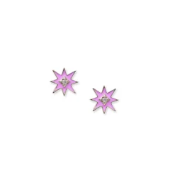 14K Yellow Gold Diamond Starburst Pink Enamel Stud Earrings