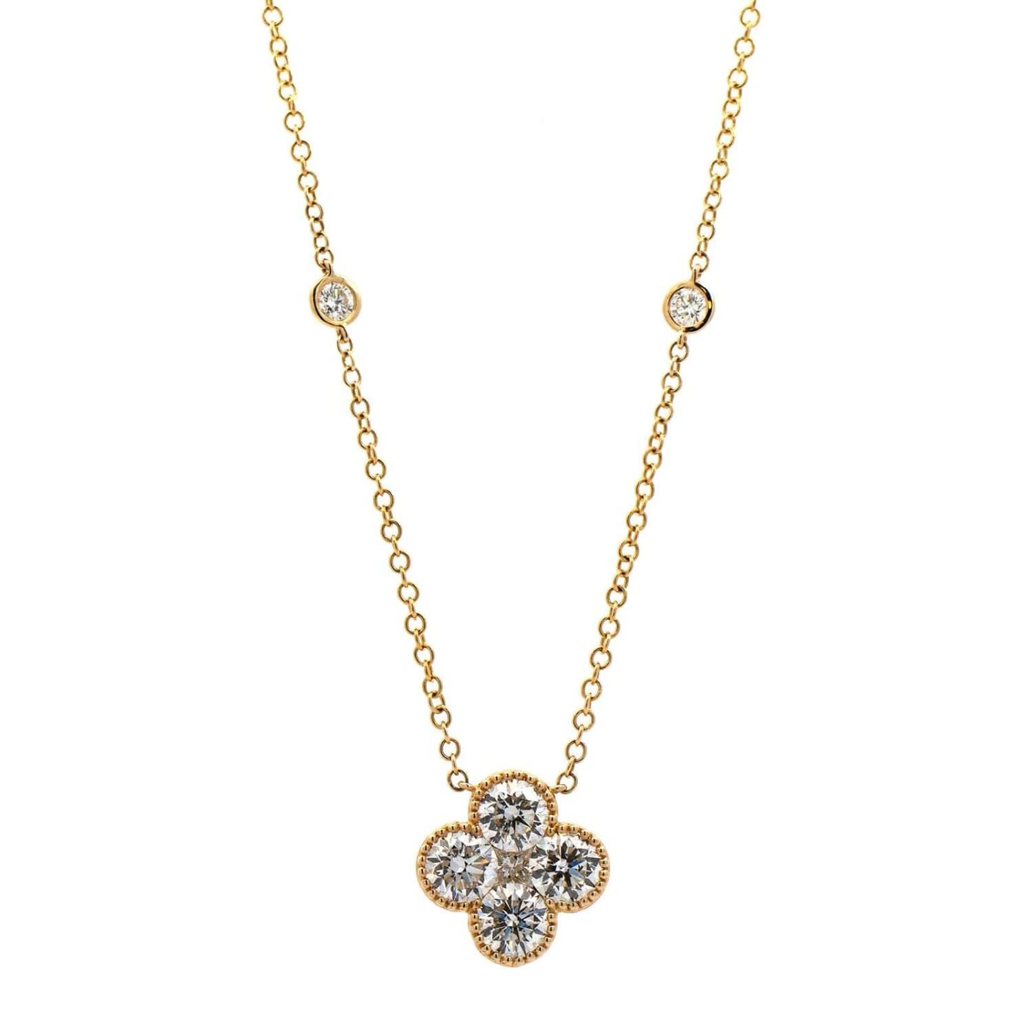 14K Yellow Gold Diamond Clover Station Necklace