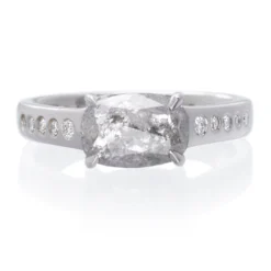 18K White Gold Rough Cushion Cut Rose Bezel Diamond Ring