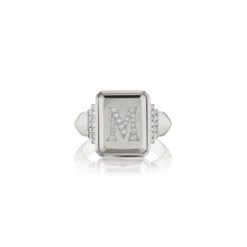 18K White Gold Pave Initial M Signet Ring