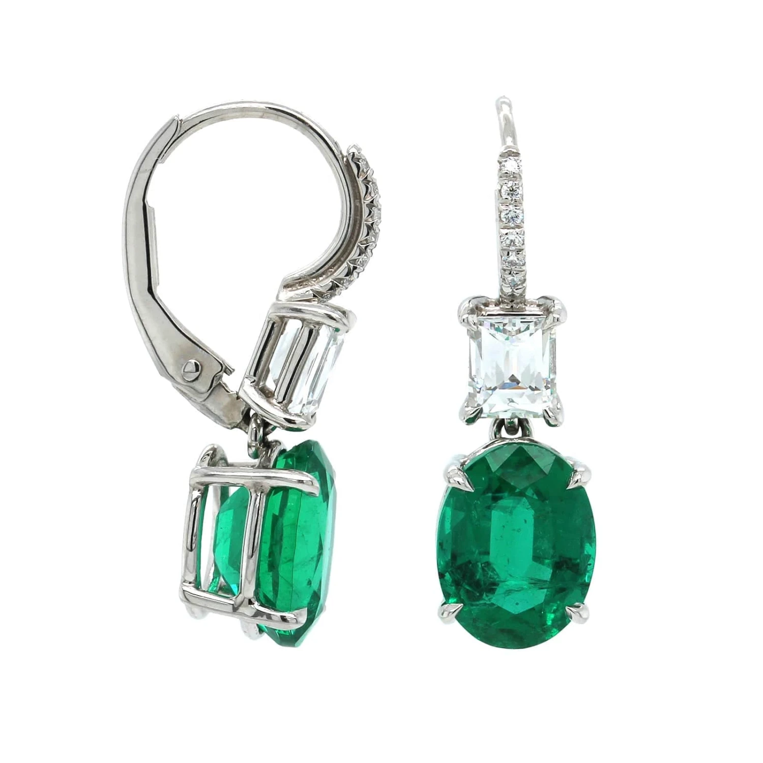 Platinum Oval Emerald And Diamond Drop Earrings - Image 3