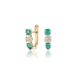 18K Yellow Gold Emerald And Diamond Huggies Earrings