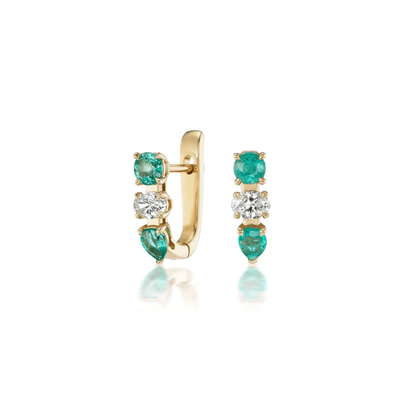18K Yellow Gold Emerald And Diamond Huggies Earrings