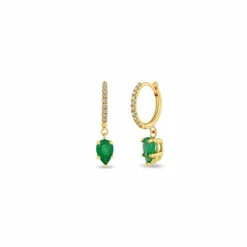 14K Yellow Gold Diamond And Emerald Hinged Huggie Hoops