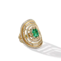 Stax Stone Ring In 18K Yellow Gold With Full Pavé Diamonds And Emerald