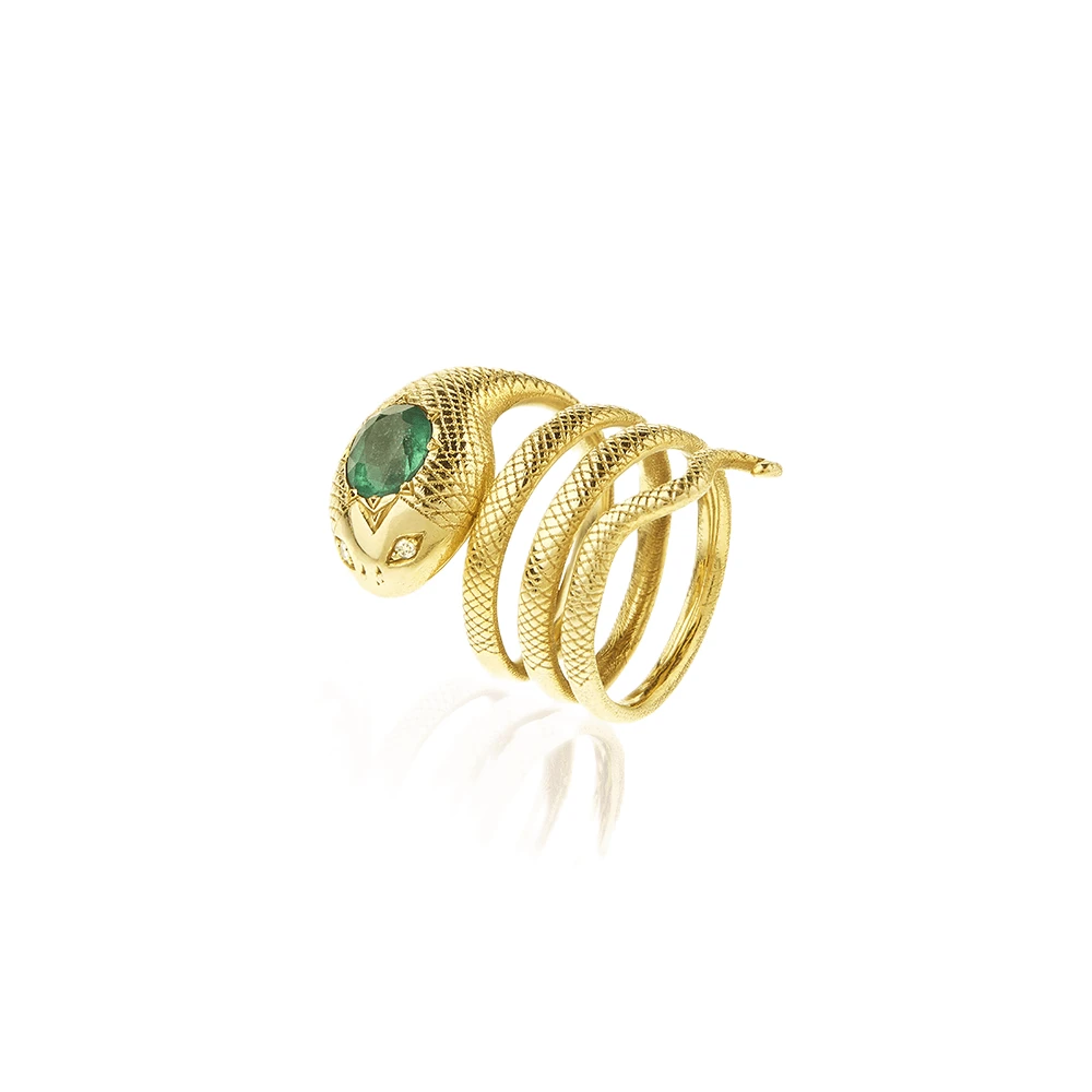 18K Yellow Gold Diamond And Emerald Snake Ring