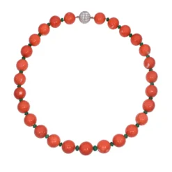Platinum Coral With Emerald And Diamond Bead Necklace