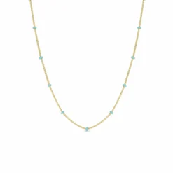 14K Yellow Gold Turquoise Enamel Curb Satellite Chain Necklace