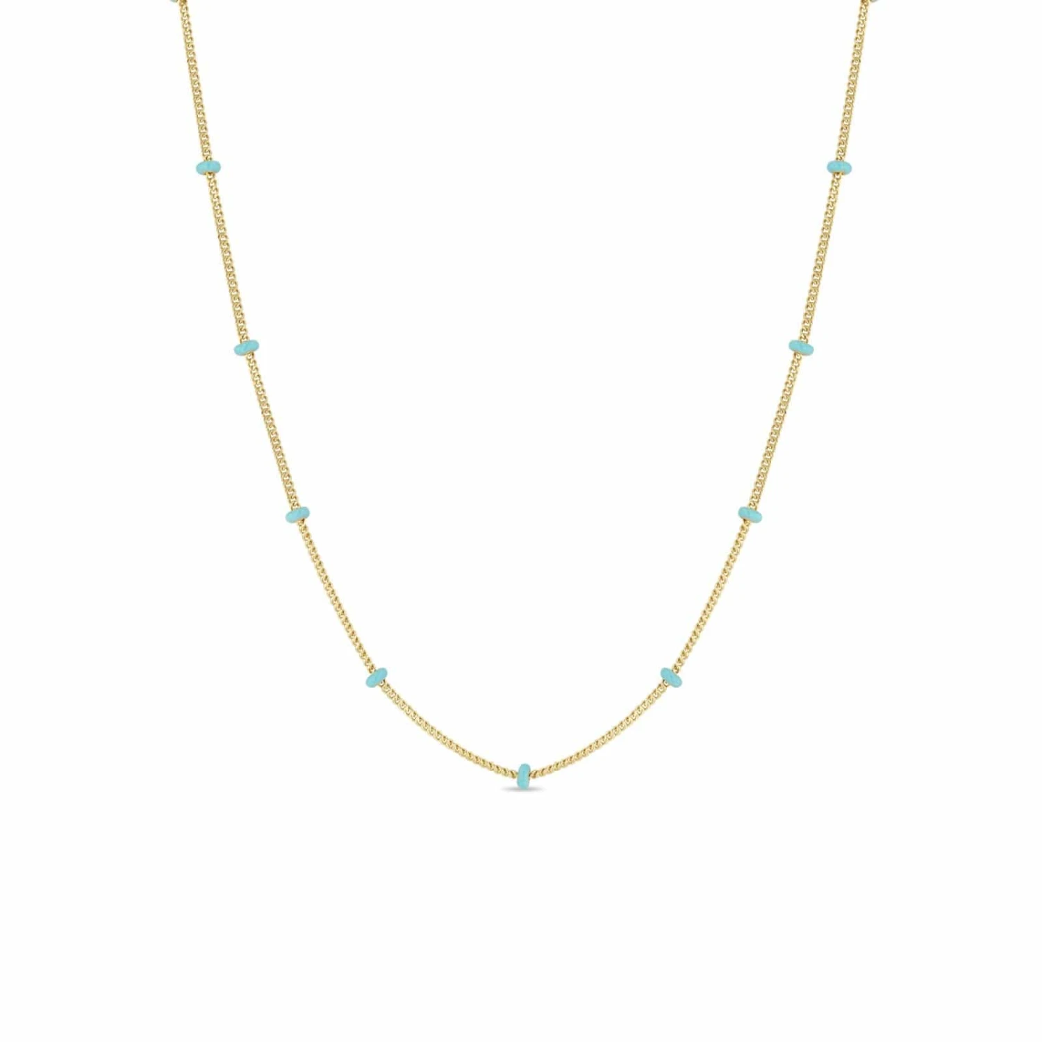 14K Yellow Gold Turquoise Enamel Curb Satellite Chain Necklace