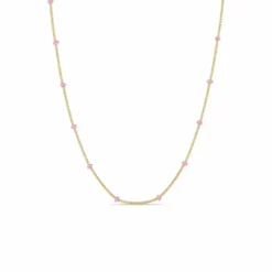 14K Yellow Gold Pink Enamel Curb Satellite Chain Necklace
