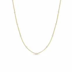 14K Yellow Gold White Enamel Curb Satellite Chain Necklace