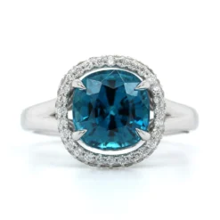 18K White Gold Blue Zircon And Diamond Halo Ring