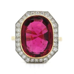 18K Yellow Gold Oval Rubellite Diamond Halo Ring