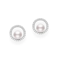 Mikimoto 18K White Gold Pearl Diamond Circle Earrings