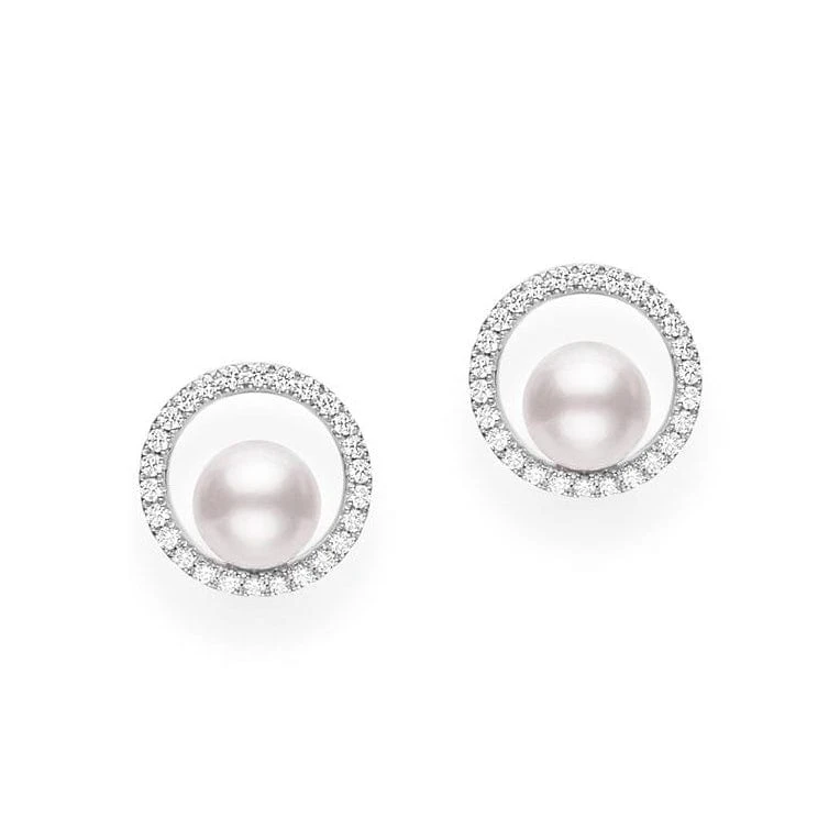 Mikimoto 18K White Gold Pearl Diamond Circle Earrings