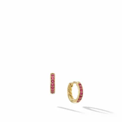 Petite Pavé Huggie Hoop Earrings In 18K Yellow Gold With Rubies, 12mm