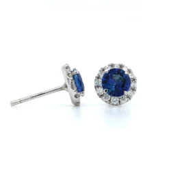18K White Gold Sapphire Diamond Halo Stud Earrings
