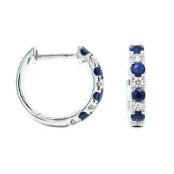 14K White Gold Diamond And Sapphire Huggie Hoops