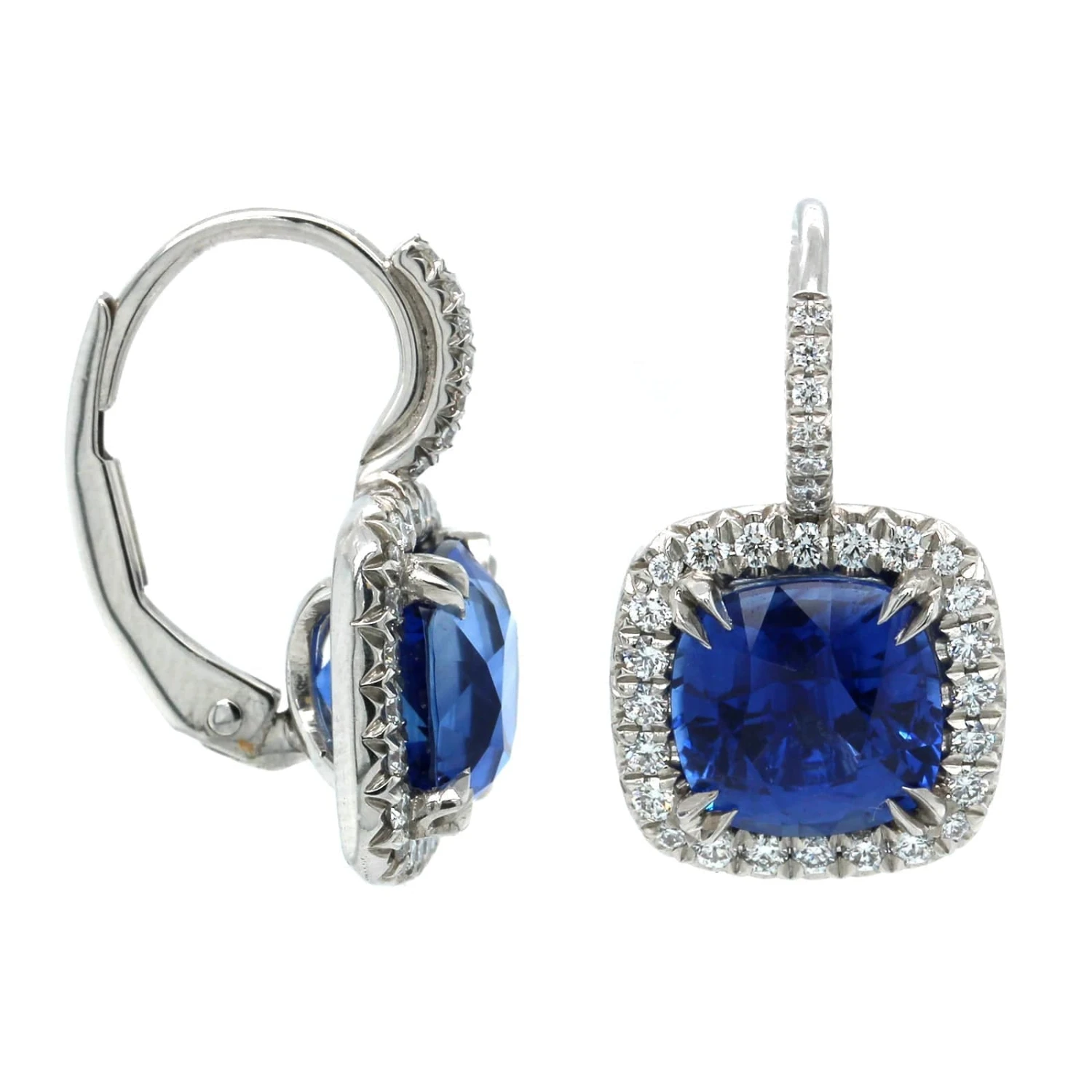 Platinum Cushion Sapphire Diamond Halo Drop Earrings - Image 3