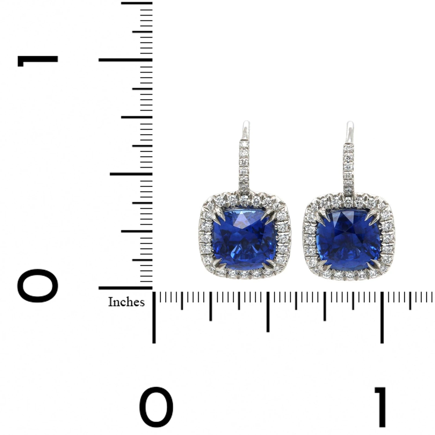 Platinum Cushion Sapphire Diamond Halo Drop Earrings - Image 2