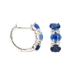 14K White Gold Alternating Diamond & Sapphire Huggie Earrings