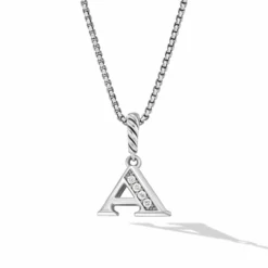 Pavé Initial Pendant Necklace In Sterling Silver With Diamond A