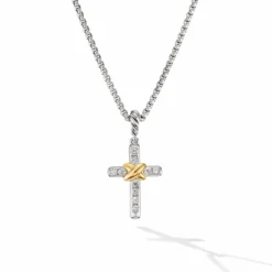 Petite Cross Necklace In Sterling Silver With 18K Yellow Gold With Diamonds, 20.8mm